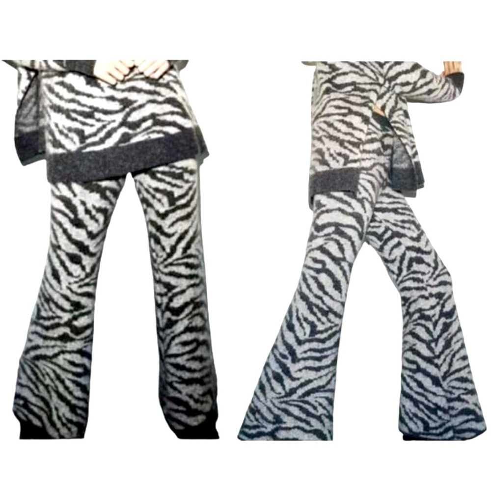ZARA Jacquard Wool Alpaca Zebra Print Wide Leg High Waist Knit Pants Small